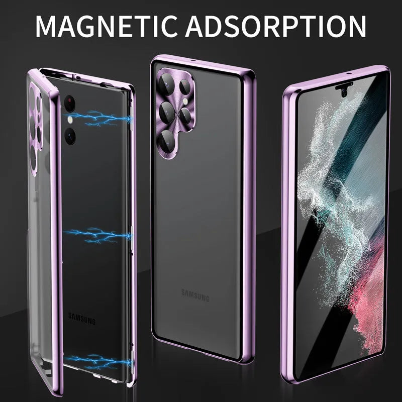 Samsung Galaxy S24 Ultra magnetic mirror phone case in black with peep-proof design and universal magnetic suction