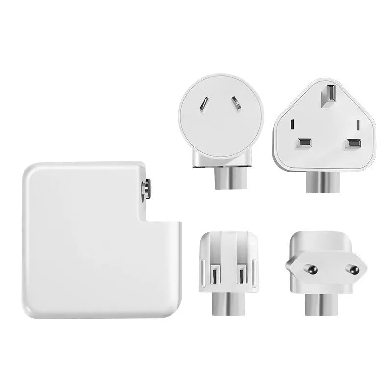 Compact square white laptop USB-C power adapter with optional international plug heads