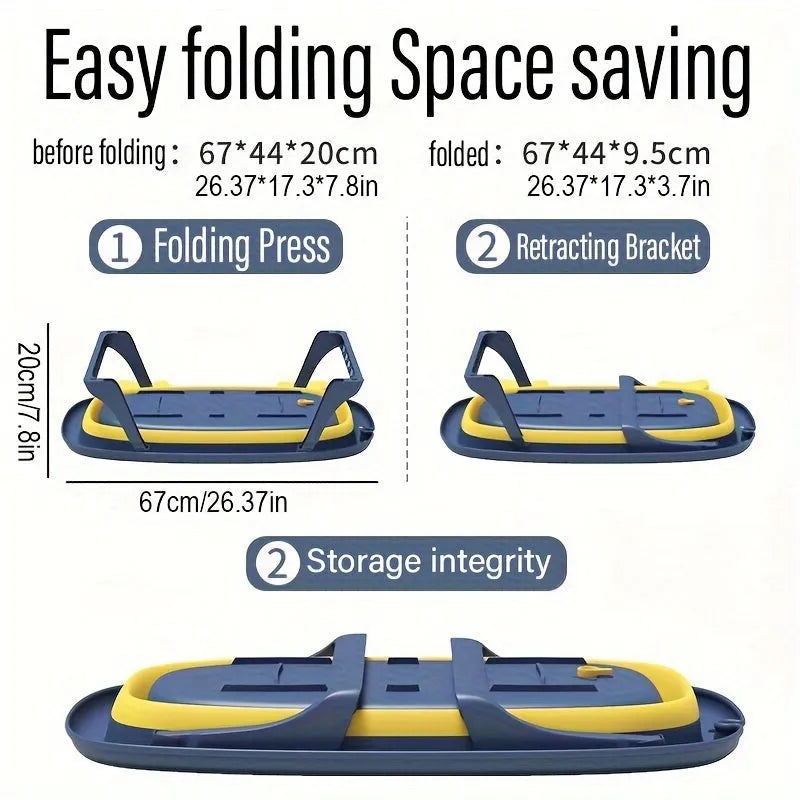 Blue foldable plastic pet bathing tub for small dogs and cats, shown in use and folded for storage.