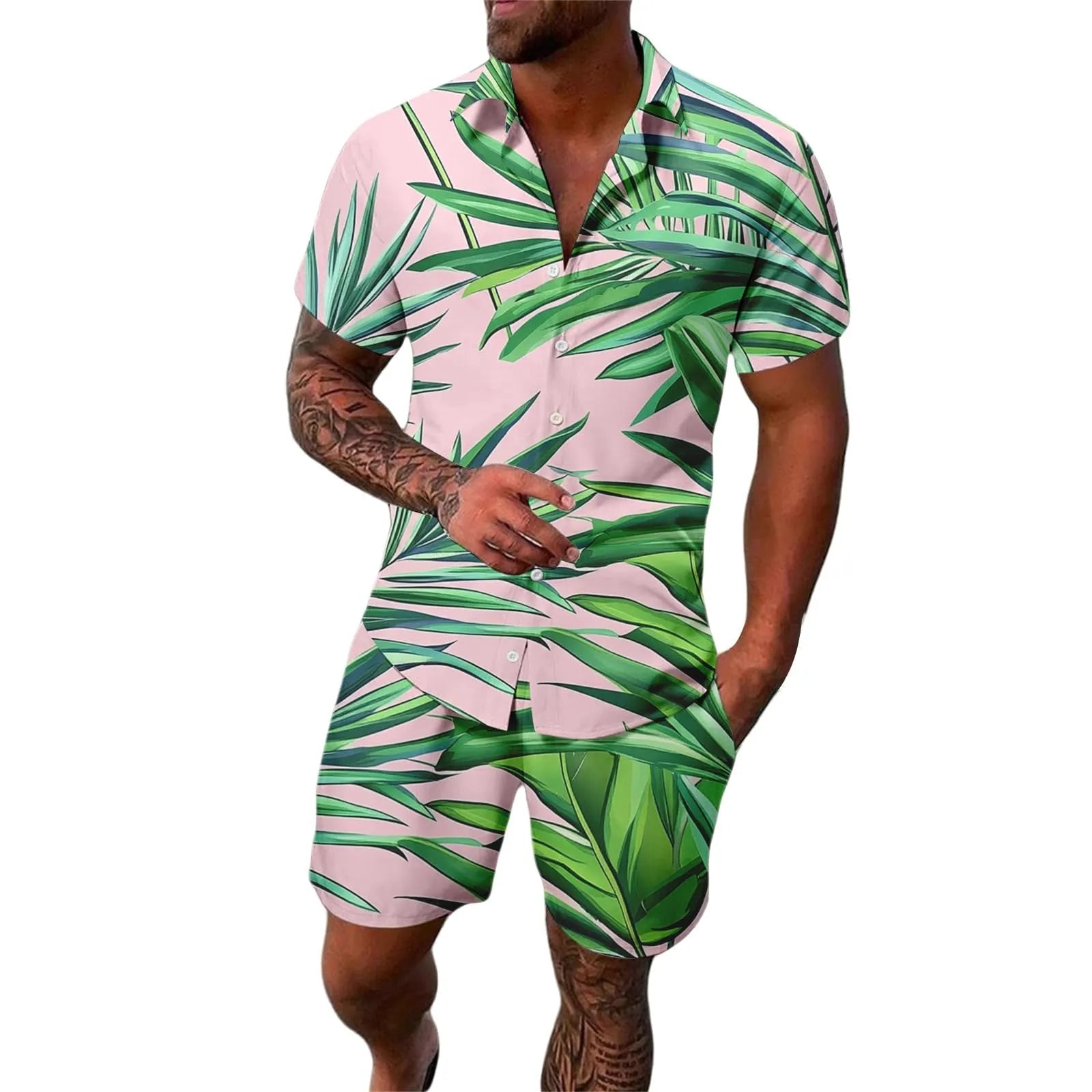 Men's digital print casual short sleeve suit with matching trousers in multiple colour options
