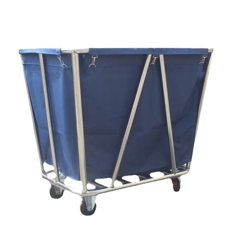 Stainless steel hotel housekeeping linen trolley with multiple tubes and a fabric bag.