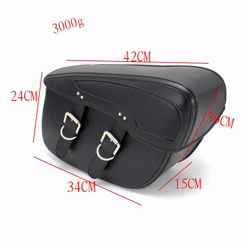 Motorcycle side box saddle bag in black PU leather with retro wind design showing 42cm width