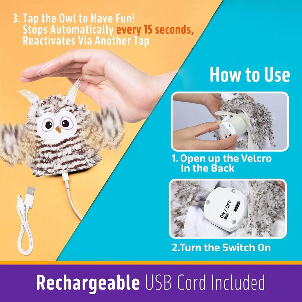 Grey interactive owl cat toy with automatic chirping and flapping wings, includes catnip, USB rechargeable