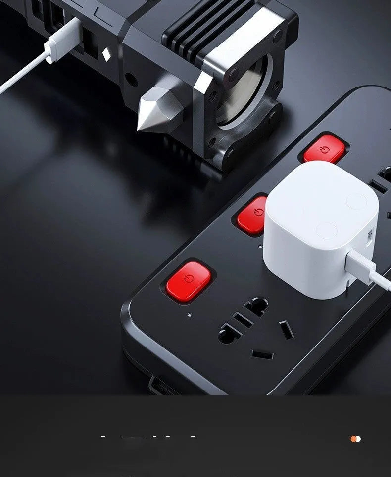 Silver portable power bank flashlight with LED light and IP44 rating for outdoor use.