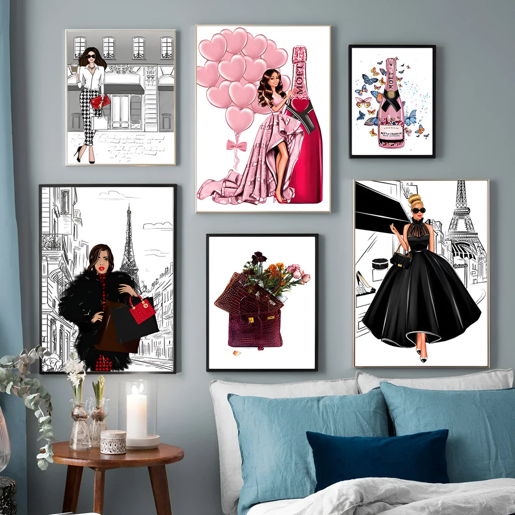 Cartoon style canvas wall art print showing fashion bag girl with champagne balloons