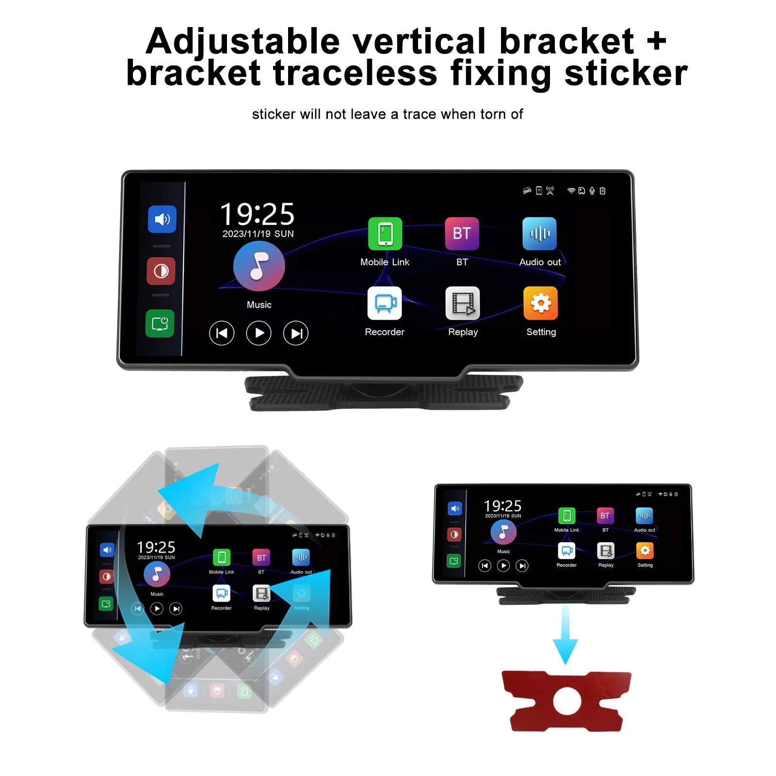 10.26-inch car DVR display unit with three-way camera system showing rear view footage on screen