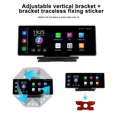10.26-inch car DVR display unit with three-way camera system showing rear view footage on screen