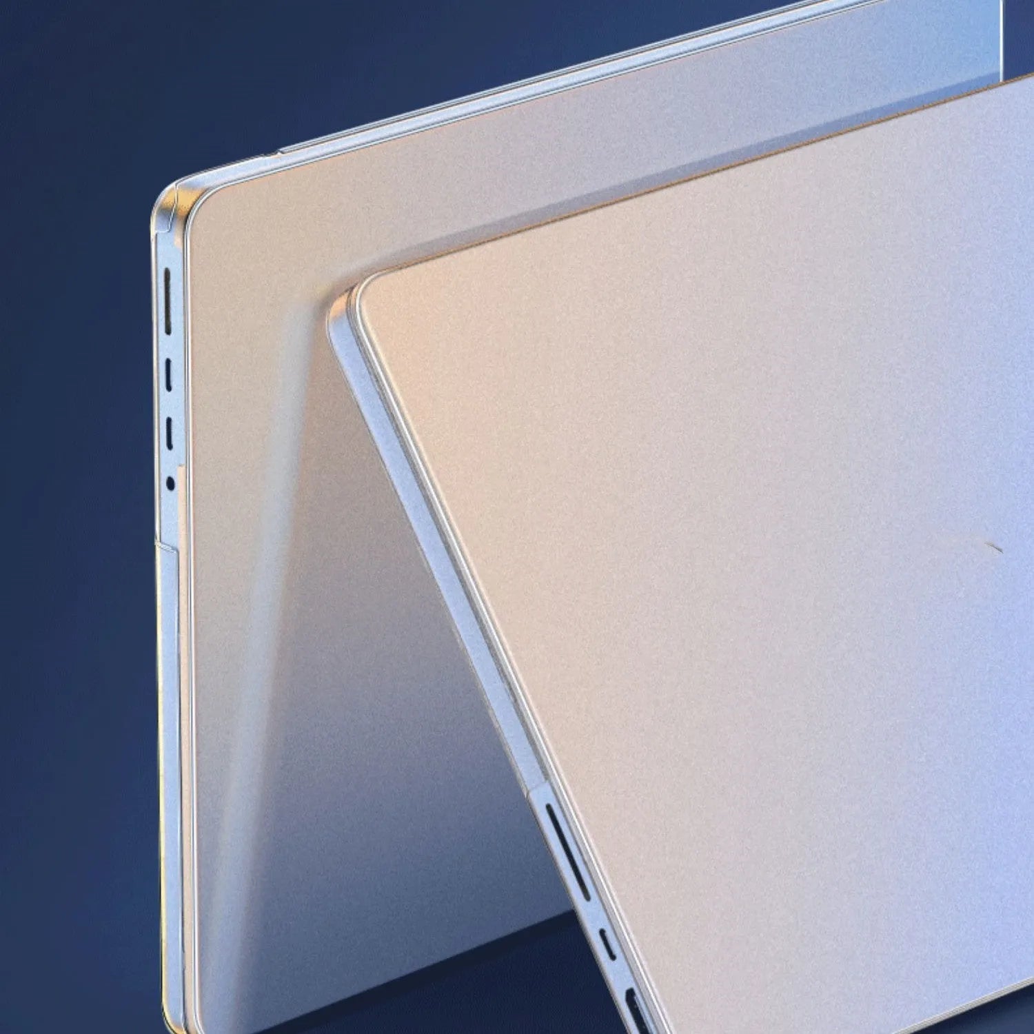 Frosted transparent MacBook protective case showing four-corner coverage and included keyboard film