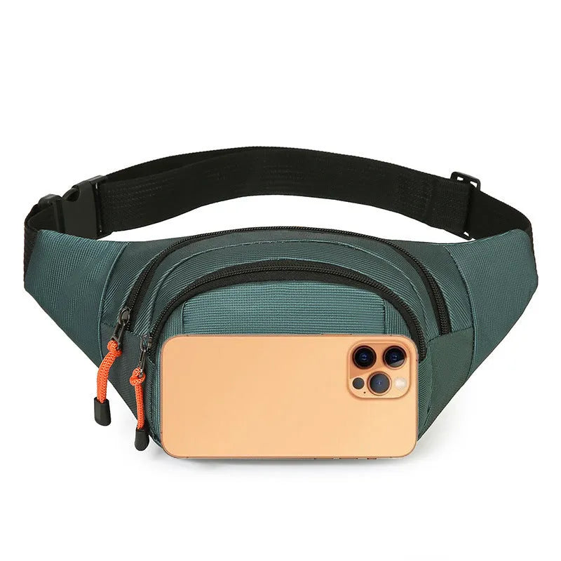 Large capacity waterproof slanted chest bag in nylon, shown in black, grey, blue, and green colour options.