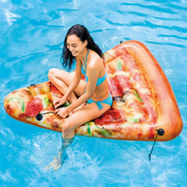Pizza design inflatable surfboard recliner floating in pool, showing 175cm length and colourful pattern