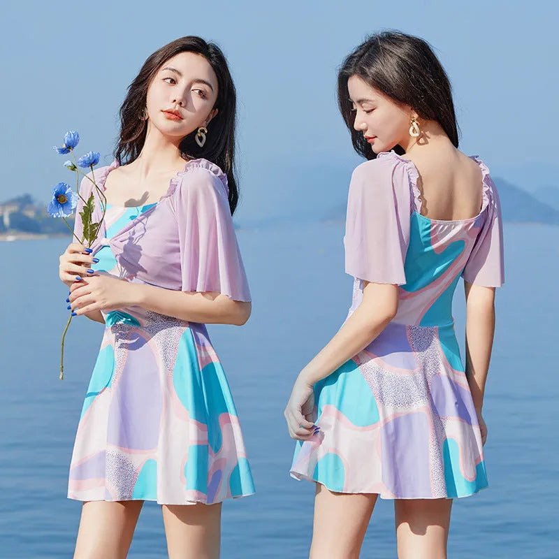 Light purple floral women's one-piece skirted swimsuit with high waist design