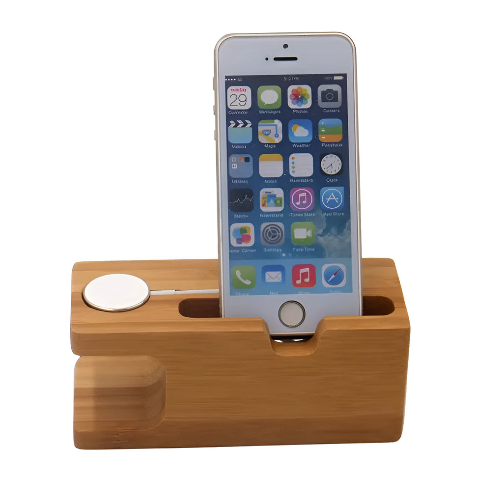 Bamboo watch-shaped phone stand with carved surface and inkjet decorative finish
