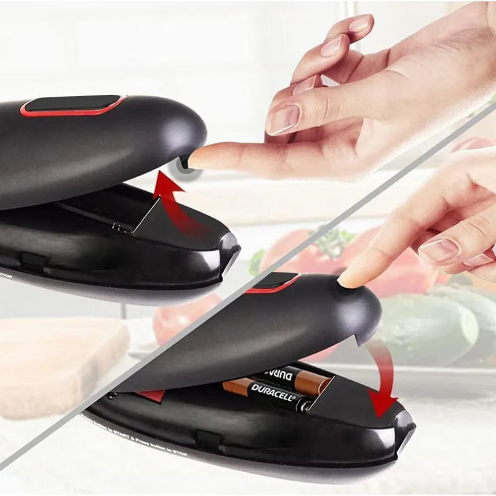 Black electric can opener with simple plastic design for one-touch kitchen operation