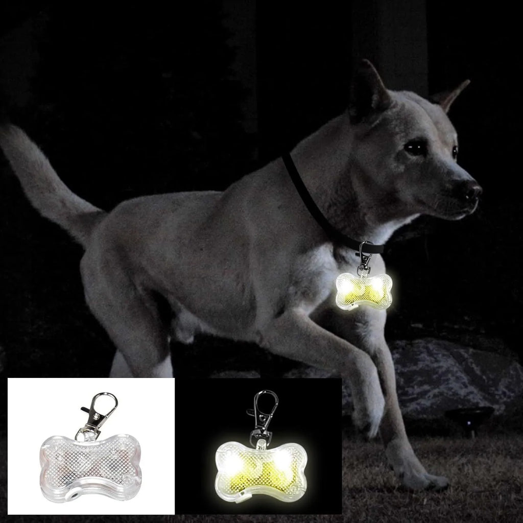 LED bone-shaped luminous pendant for pet collars in blue, green, orange, red, white, or yellow with three lighting modes