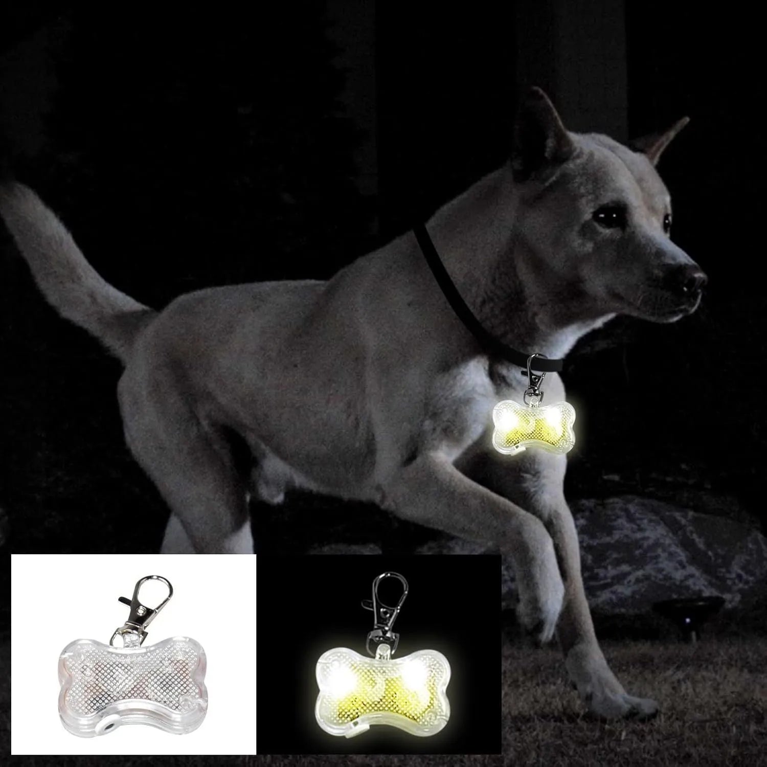 LED bone-shaped luminous pendant for pet collars in blue, green, orange, red, white, or yellow with three lighting modes