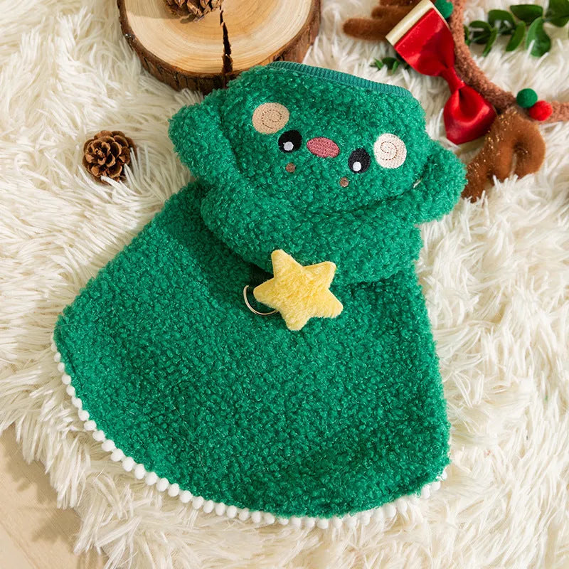 Green polyester cat cloak with cartoon elk design for autumn and winter wear