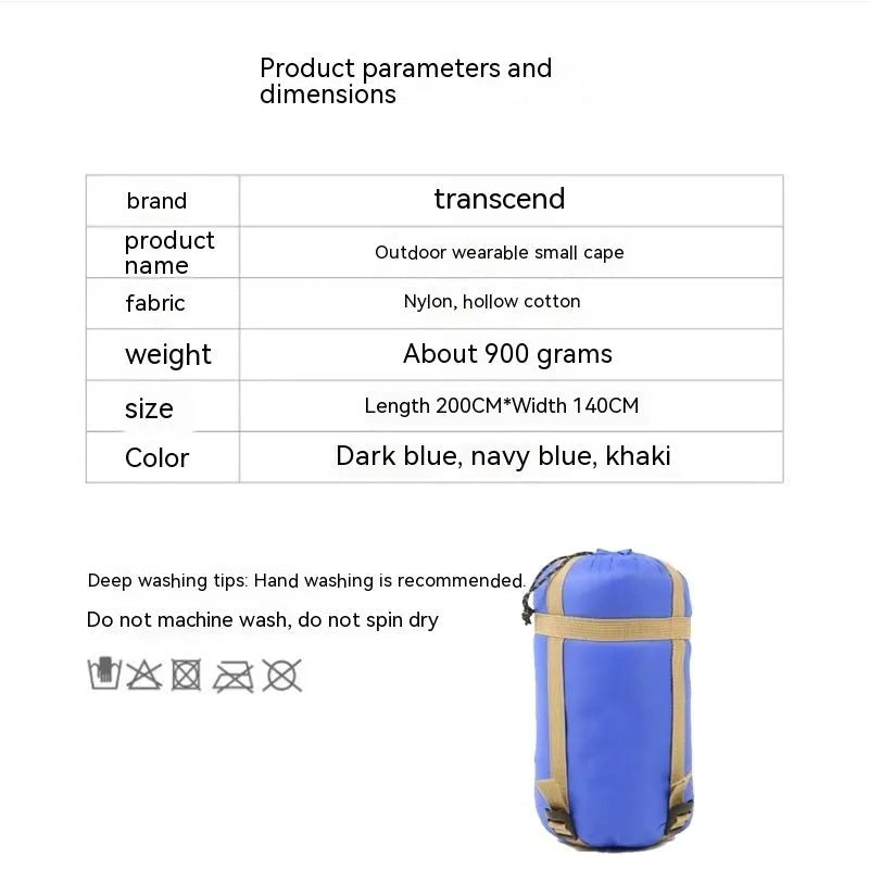 Outdoor cloak sleeping bag convertible between wearable cape and 200x140cm flat blanket configurations