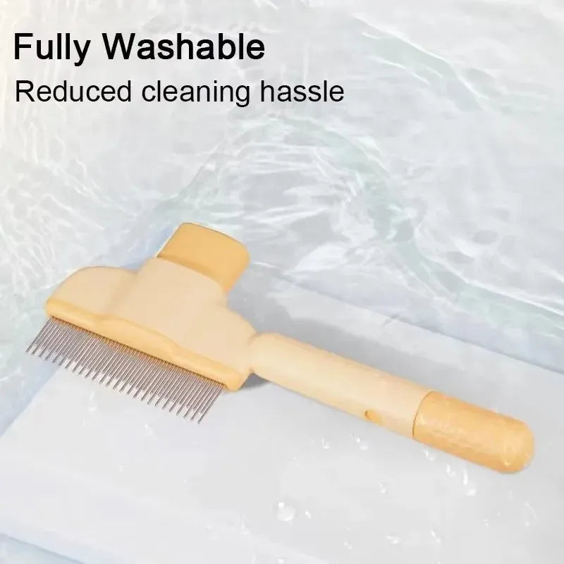 Green and yellow pet grooming brush with one-click hair removal system for dogs