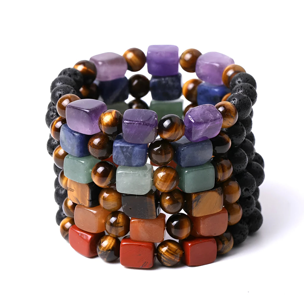 Handmade square amethyst and volcanic stone bracelet with 8mm rectangular beads in five colours