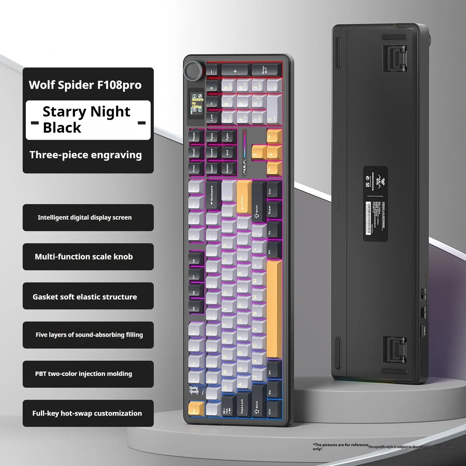 Tarantula F108pro wireless mechanical keyboard with 108 keys, USB-C cable, and spare switch on desk