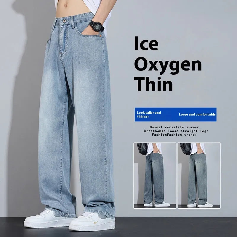 Straight-leg casual trousers in ice silk denim with wide-leg design, zip fly placket, and UK2560 Blue colour