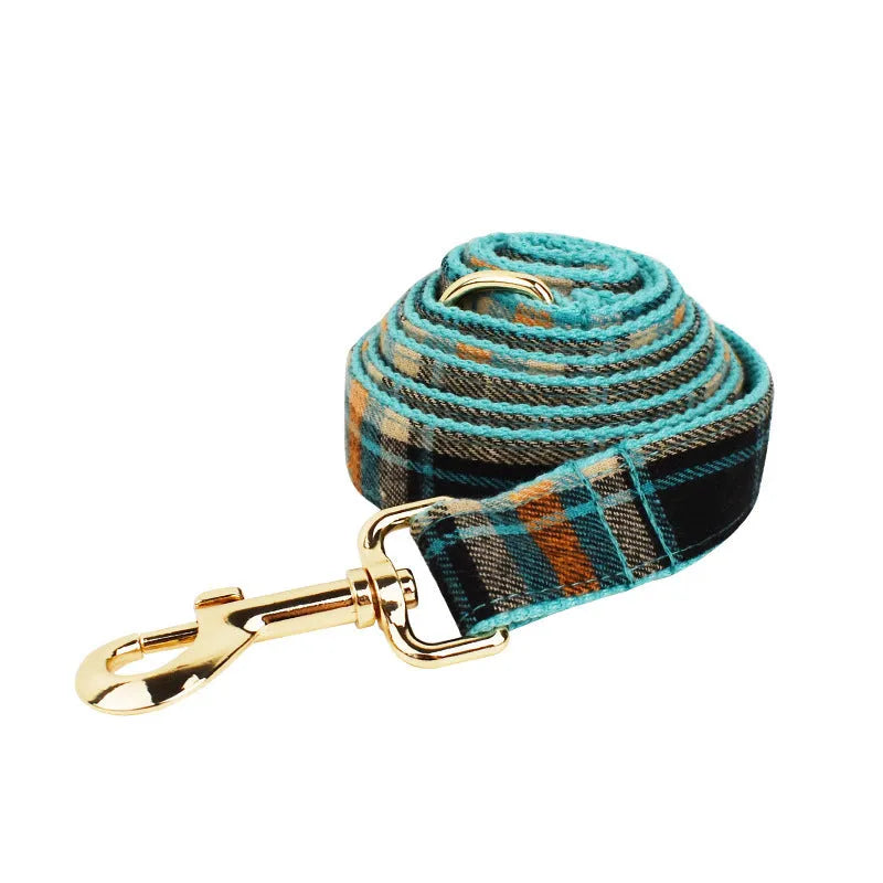 Green retro pattern dog collar, leash, bow, and vest four-piece accessory set