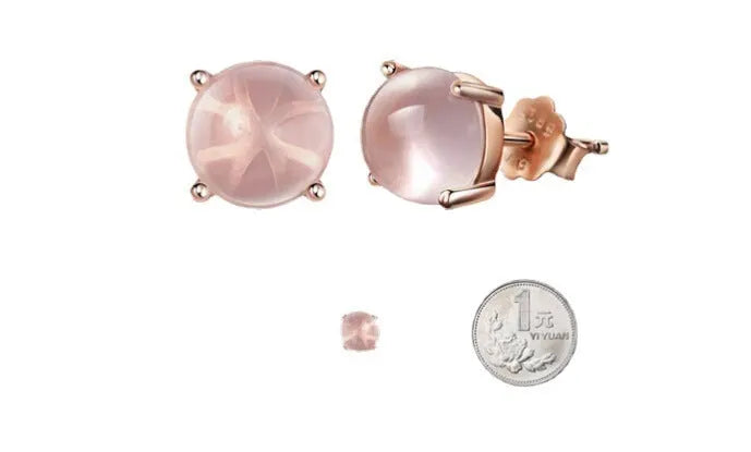 Women's rose gold drop stud earrings with crystal inlay on synthetic ross quartz, Korean style design