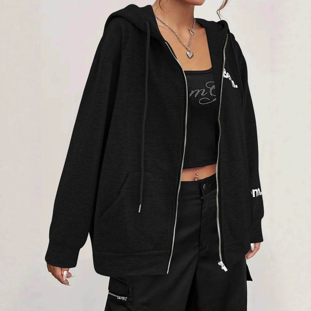 Black or grey letter print zipper sweater coat loose fit casual cardigan