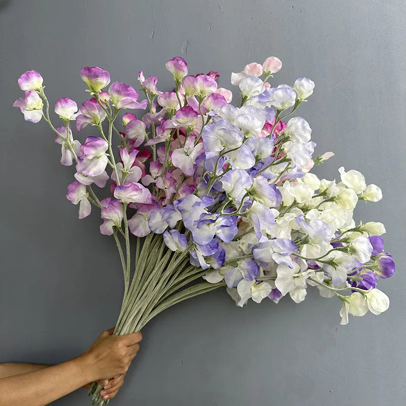 Purple flocking fragrant pea silk fake flower bouquet 63cm tall for wedding decor