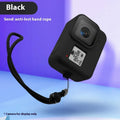 Blue silicone protective sleeve and wrist strap for GoPro Hero8 Black camera with app bag.