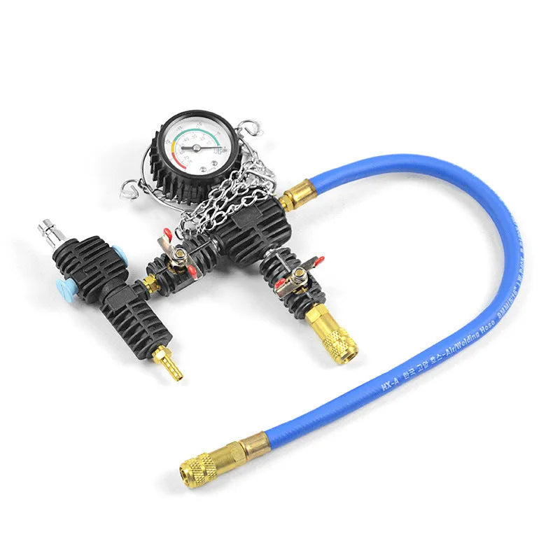Blue 28-piece automotive radiator pressure tester kit with vacuum purge and refill components