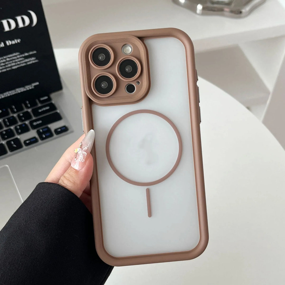 Magnetic skin-feel phone case for iPhone in black, blue, grey, khaki, or pink with TPU PC shockproof cover