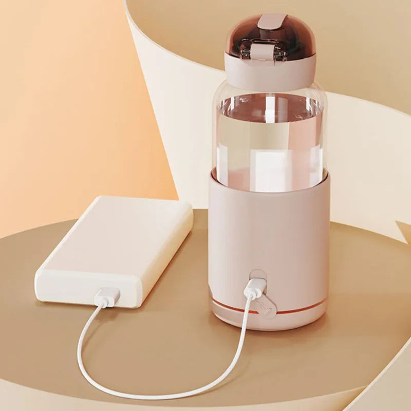 Wireless portable baby milk mixer with thermostatic cup and glass body, 86x210mm, shown in white, pink, blue or yellow.