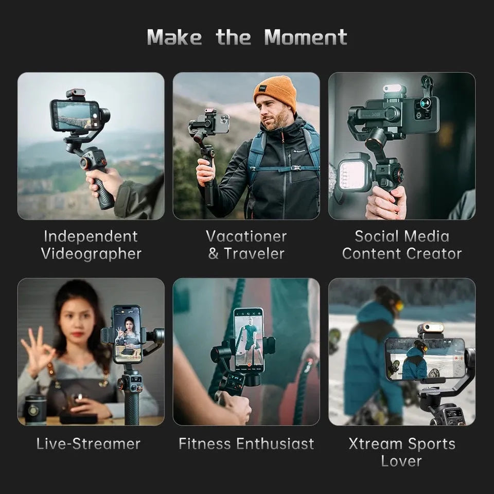 Black three-axis stabiliser with magnetic AI fill light attached to smartphone