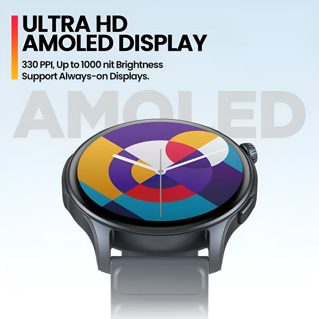 Btalk 3 Pro smart watch in grey colour showing AMOLED display with fitness stats.