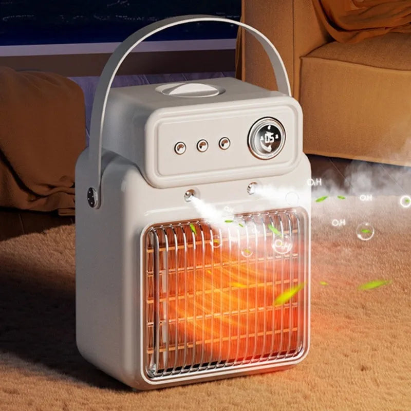 White 2-in-1 ceramic table heater and humidifier with digital control panel.