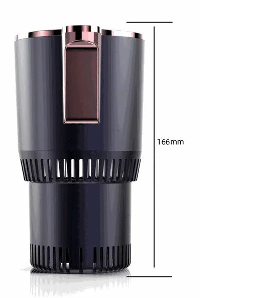 Black car cup holder drink warmer and cooler with digital temperature display showing heating function