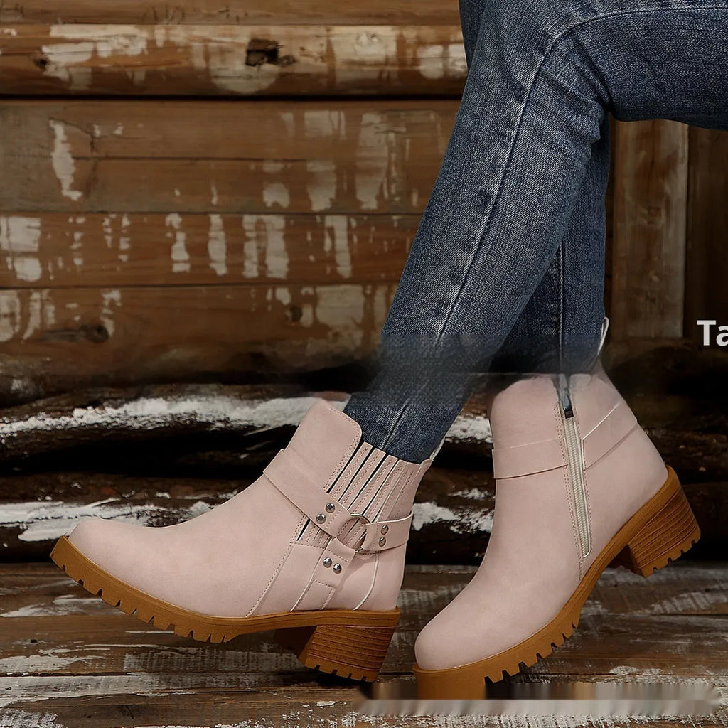 Women's ankle boots with belt buckle and elastic band, artificial PU, sizes 36-43, multiple colours