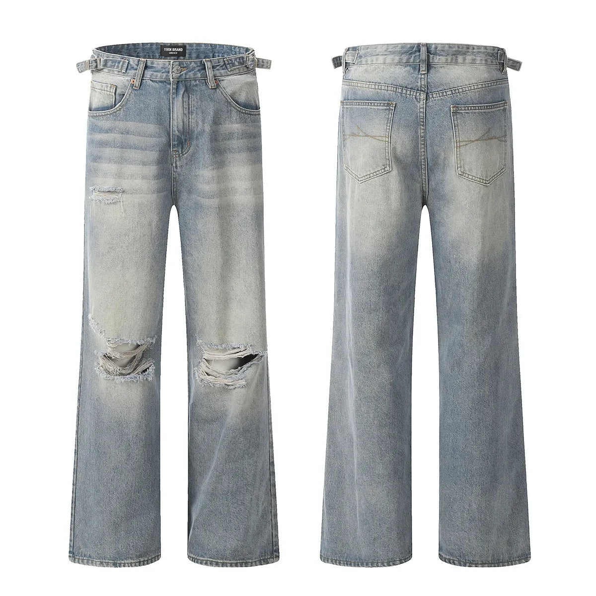 Blue straight-leg retro jeans with zipper fly on a man, showing cotton blend fabric and five size options from S to XXL