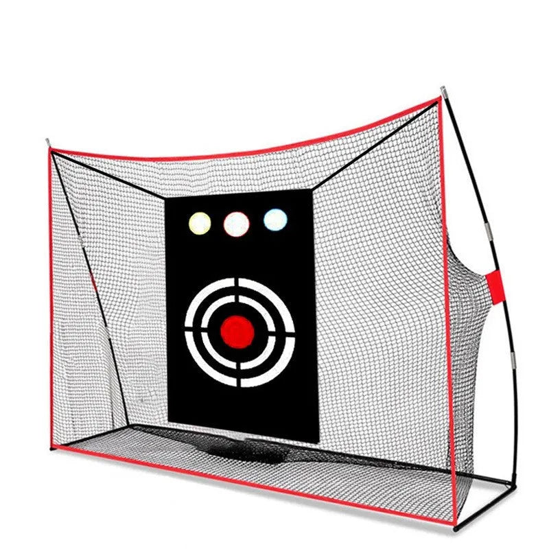 Swing wedge golf training net with 3-hole cross design, 30x60cm straw mat, practice balls, and accessories