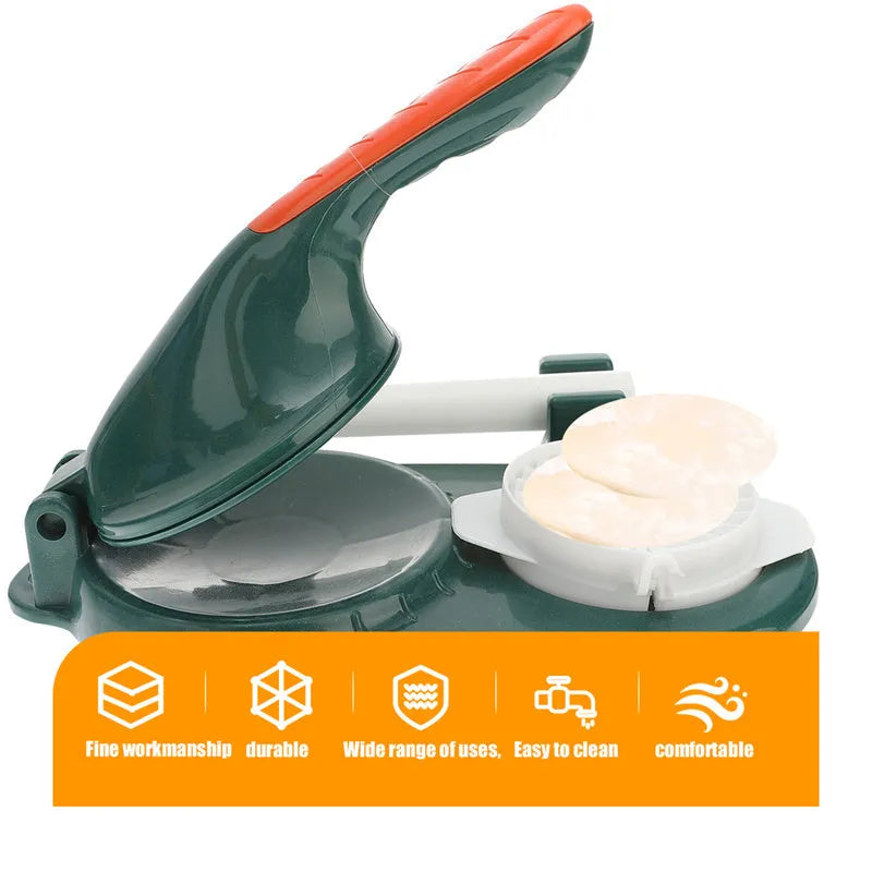 3 in 1 plastic dumpling maker set with two dumpling props and white rolling pin in orange, green, white or pink