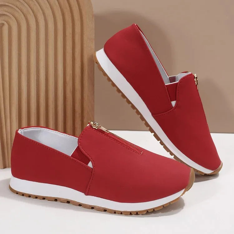 Women's zip flats loafers in red, black or dark blue with round toe and low heel