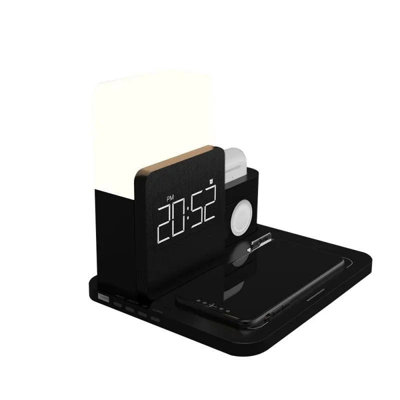 3-in-1 Qi wireless charger stand in black, dark green, or light green, charging a phone, smartwatch, and earbuds on a desk