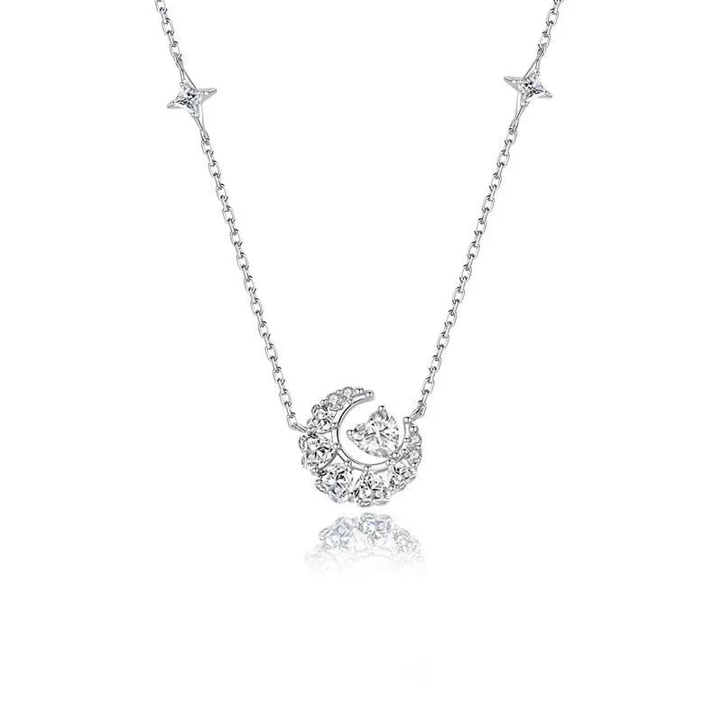 Stars and moon copper necklace with heart-shaped pendant on cross chain, pink or white diamond colour