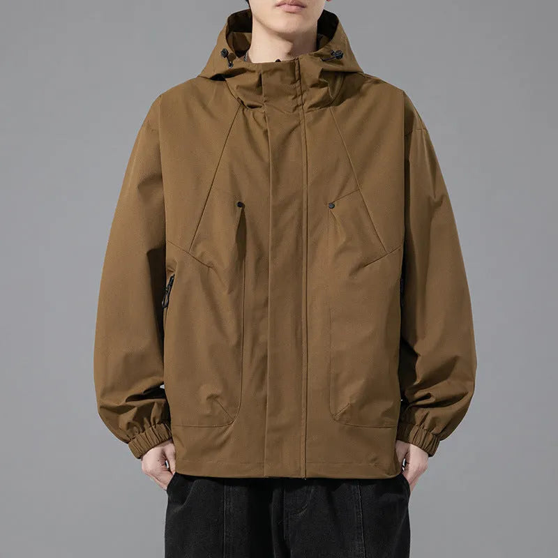 Men's plus size hooded casual coat in khaki, black, grey green or apricot, sizes M to 8XL, polyester lining