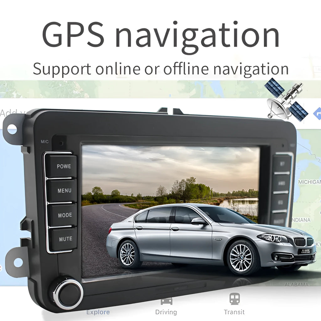 Universal 7-inch Android car player for Volkswagen dashboard with touchscreen display.