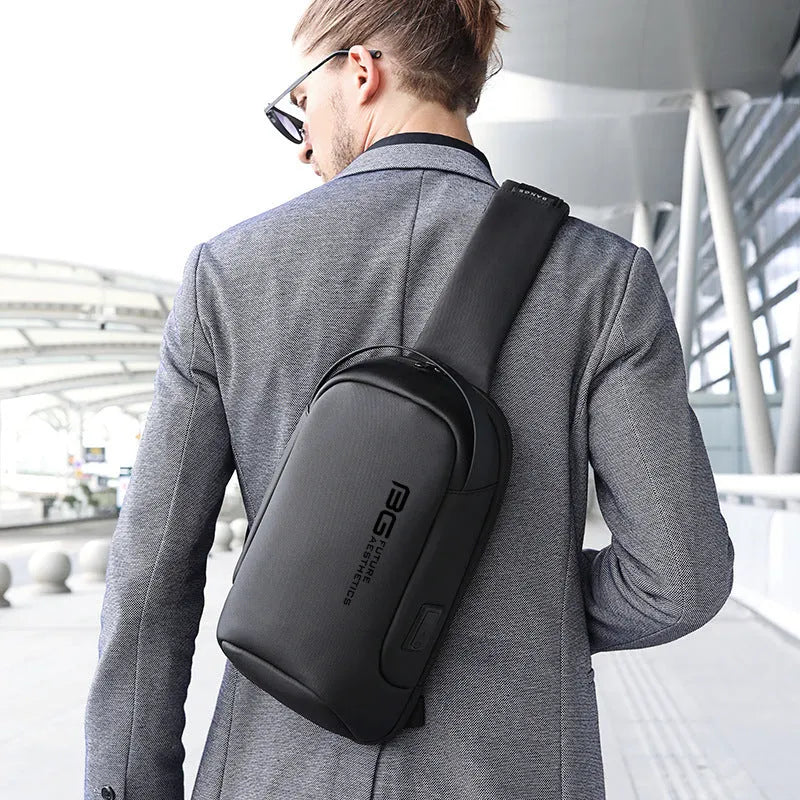 Men's oxford cloth USB shoulder bag for business travel in black colour with letters detailing