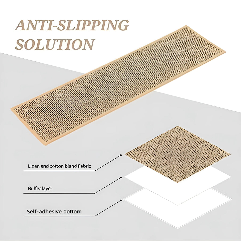 Japanese-style linen-look polyester stair mat measuring 20x76cm in a camel colour with a rubber sole.