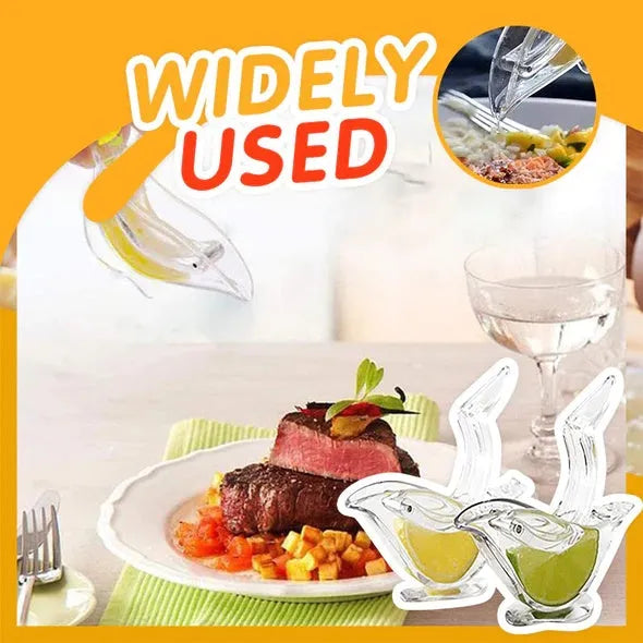 Transparent acrylic bird-shaped manual lemon juicer on a kitchen counter