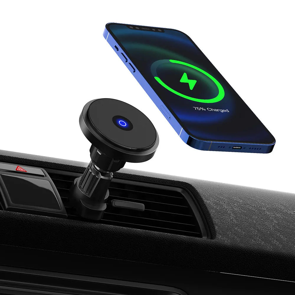 Silver magnetic 15W wireless car charger mounted on a car air vent showing aluminium alloy construction